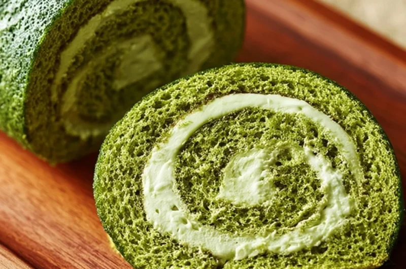 Delicious matcha roll cake served on a plate, garnished with powdered sugar.