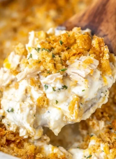 Delicious Million Dollar Chicken Casserole served in a baking dish
