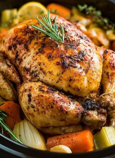 Moist and tender crockpot whole chicken with farmhouse herbs served on a plate