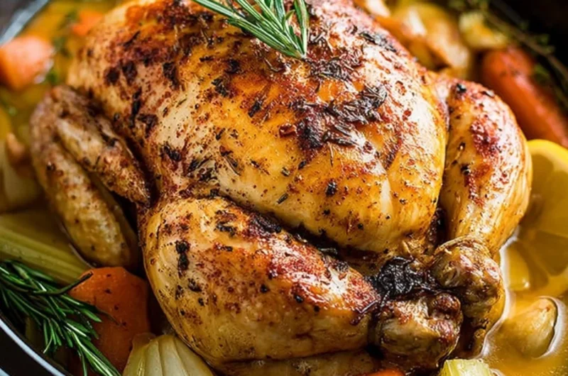 Moist and tender crockpot whole chicken with farmhouse herbs served on a plate