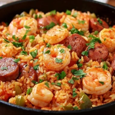 Delicious one pot shrimp jambalaya with sausage, spices, and fresh vegetables