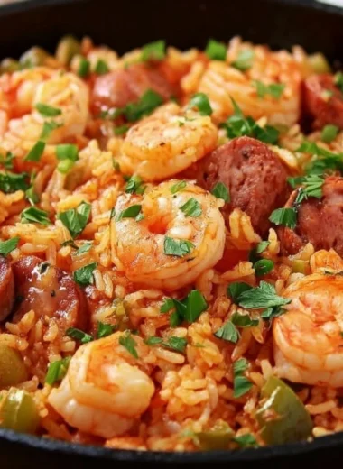 Delicious one pot shrimp jambalaya with sausage, spices, and fresh vegetables