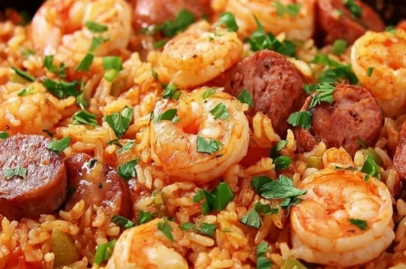 Delicious one pot shrimp jambalaya with sausage, spices, and fresh vegetables