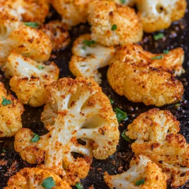 Delicious oven-roasted cauliflower garnished with herbs and spices