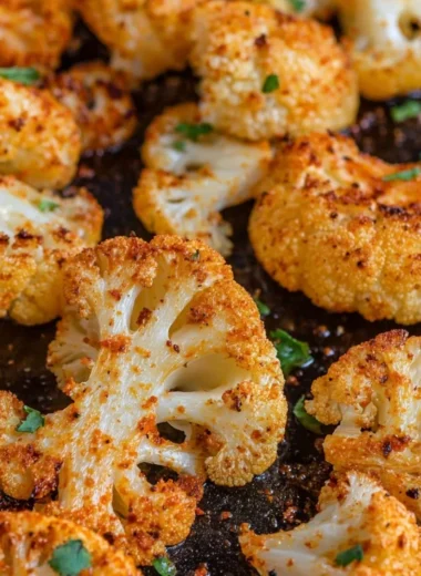 Delicious oven-roasted cauliflower garnished with herbs and spices