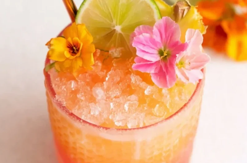Pineapple mango rum punch in colorful glasses with citrus garnishes
