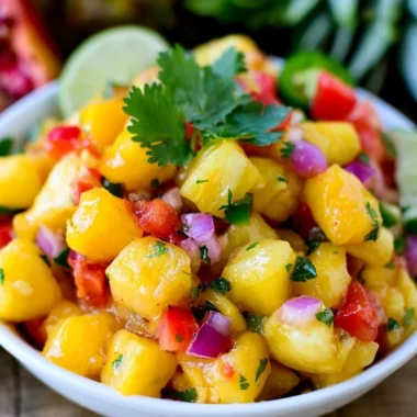 Freshly made pineapple mango salsa served in a colorful bowl