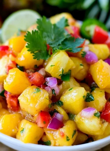 Freshly made pineapple mango salsa served in a colorful bowl
