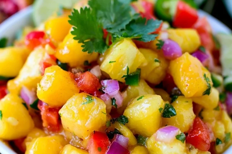 Freshly made pineapple mango salsa served in a colorful bowl