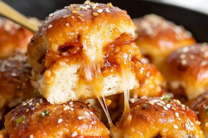 Delicious pizza sliders topped with cheese and pepperoni on a rustic serving board.