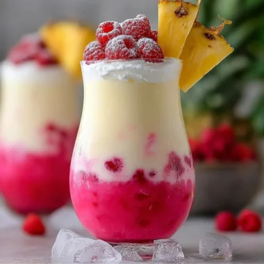 Refreshing Raspberry Colada Twist cocktail with raspberries and coconut