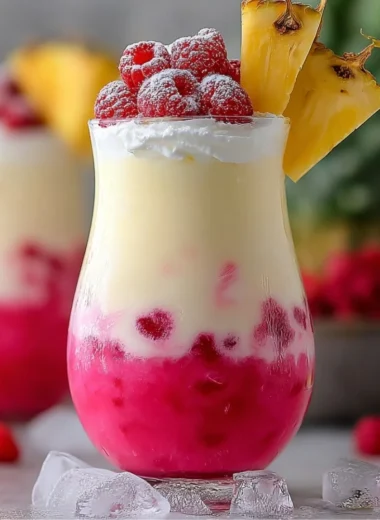 Refreshing Raspberry Colada Twist cocktail with raspberries and coconut