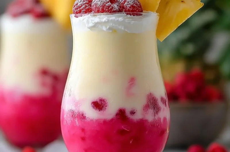 Refreshing Raspberry Colada Twist cocktail with raspberries and coconut