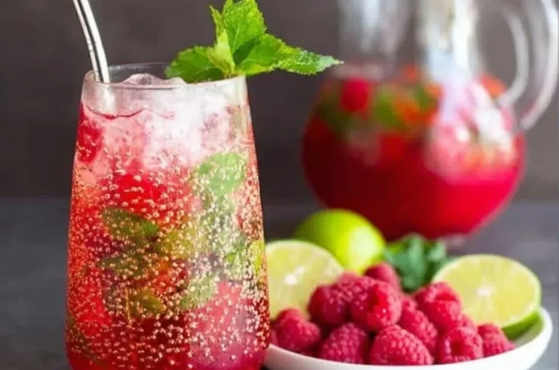 Raspberry Mojito cocktail garnished with mint and lime on a wooden table