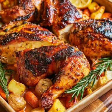 Golden-brown roasted chicken served with herbs and vegetables