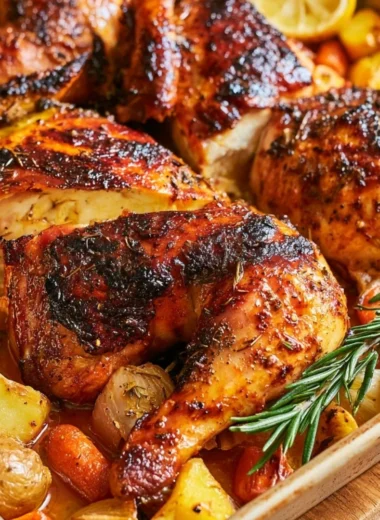 Golden-brown roasted chicken served with herbs and vegetables