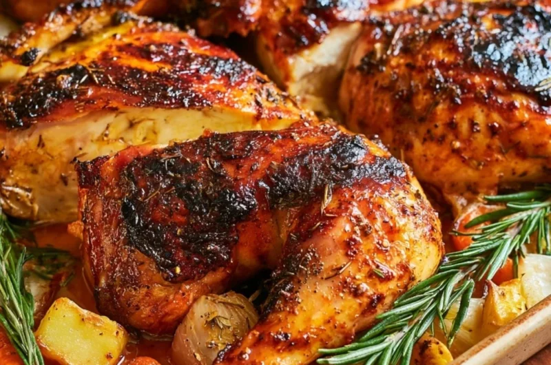 Golden-brown roasted chicken served with herbs and vegetables