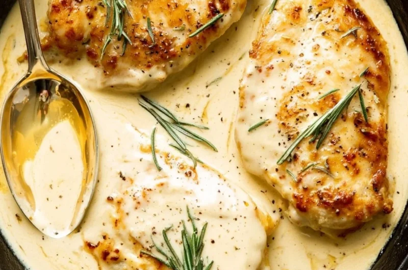 Rosemary Dijon Chicken served on a plate with herbs and sauce
