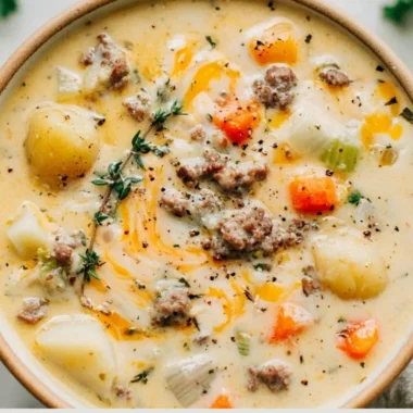 Bowl of delicious sausage potato soup topped with herbs and spices