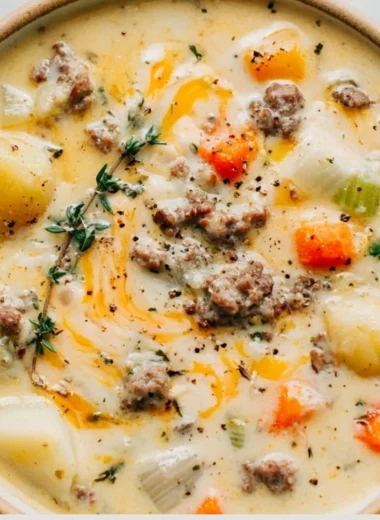 Bowl of delicious sausage potato soup topped with herbs and spices