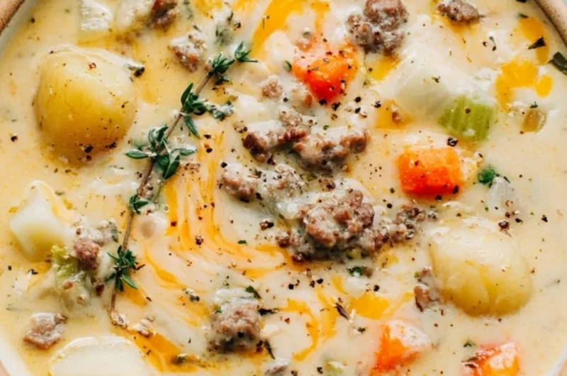 Bowl of delicious sausage potato soup topped with herbs and spices