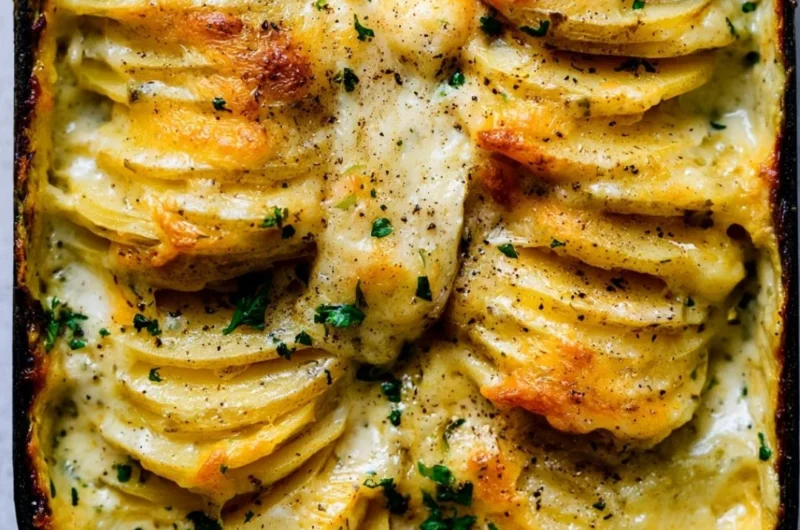 Creamy scalloped potatoes baked to perfection with layers of cheese and herbs