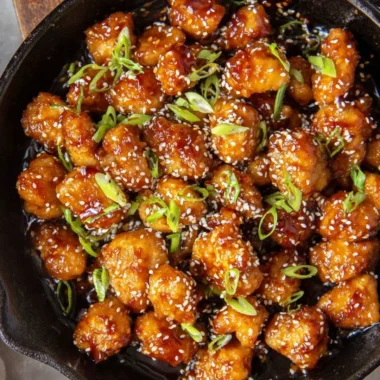 Delicious bowl of Sesame Chicken with sesame seeds and green onions