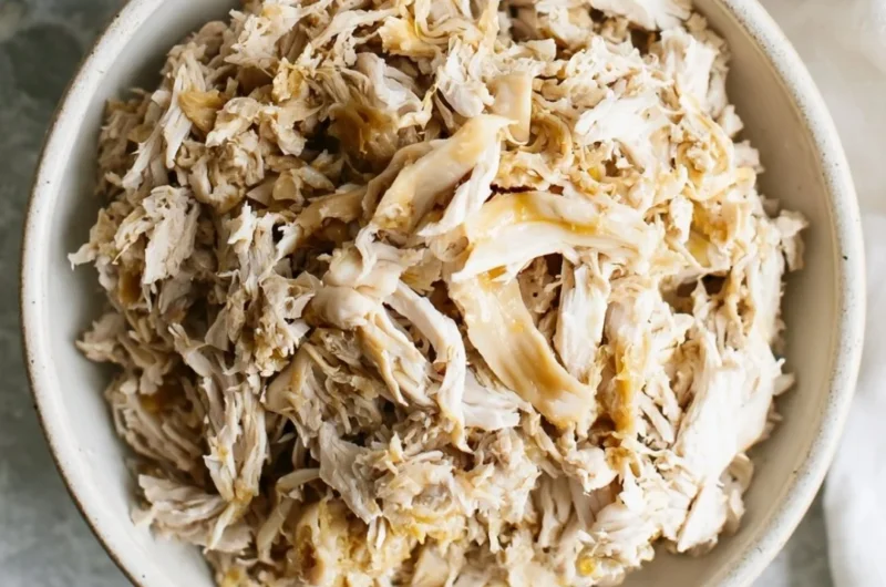 A plate of tender shredded chicken served with spices and herbs.