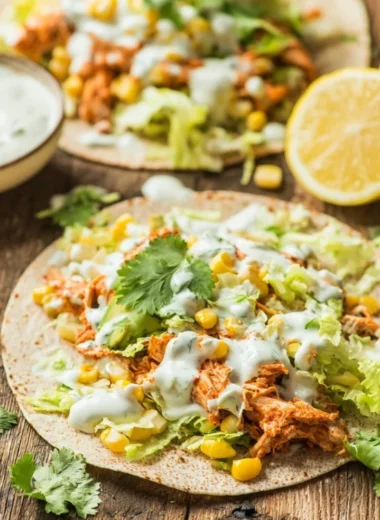 Skinny Buffalo Chicken Tacos served with fresh toppings