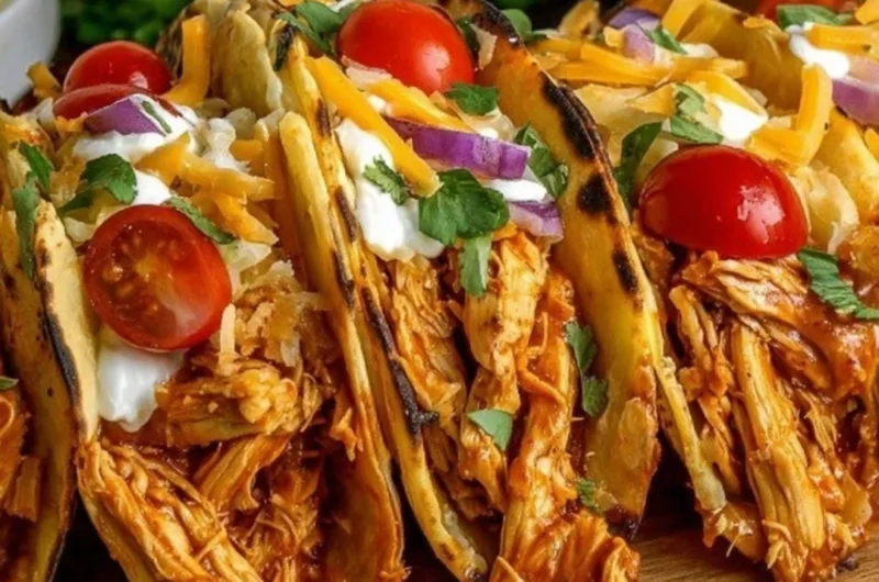 Delicious slow cooker shredded chicken tacos with toppings