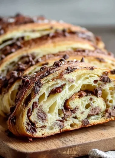 Delicious sourdough chocolate chip croissant bread bites in a bakery setting