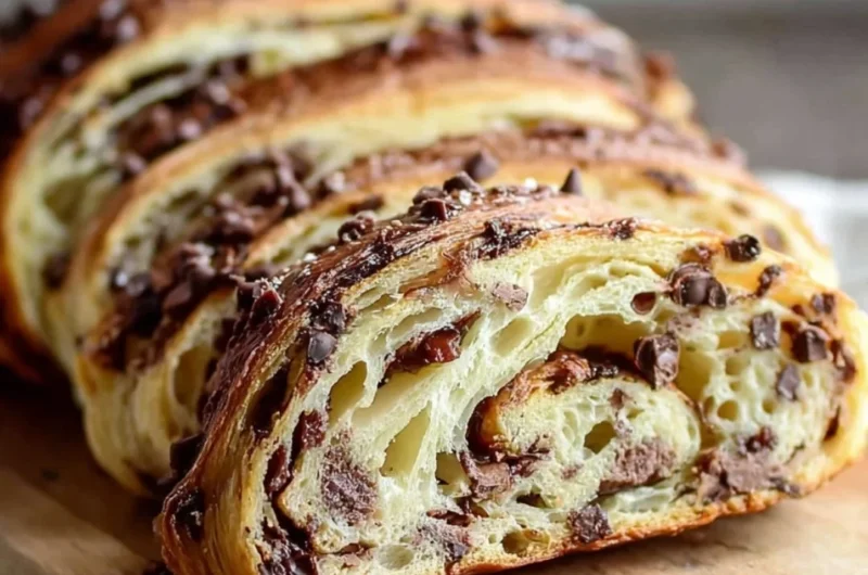 Delicious sourdough chocolate chip croissant bread bites in a bakery setting