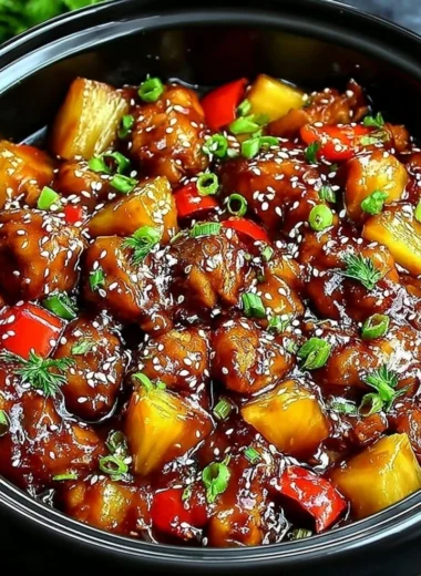 Delicious Sweet Hawaiian Crockpot Chicken served with rice and pineapple