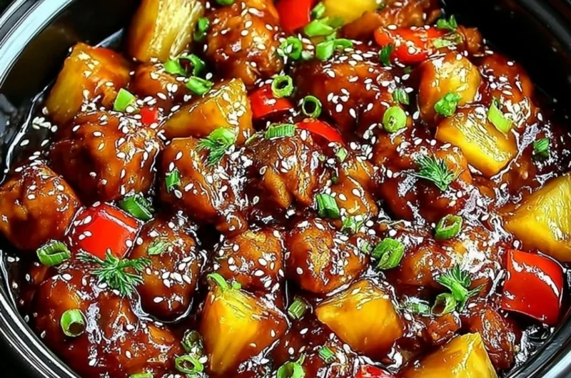 Delicious Sweet Hawaiian Crockpot Chicken served with rice and pineapple
