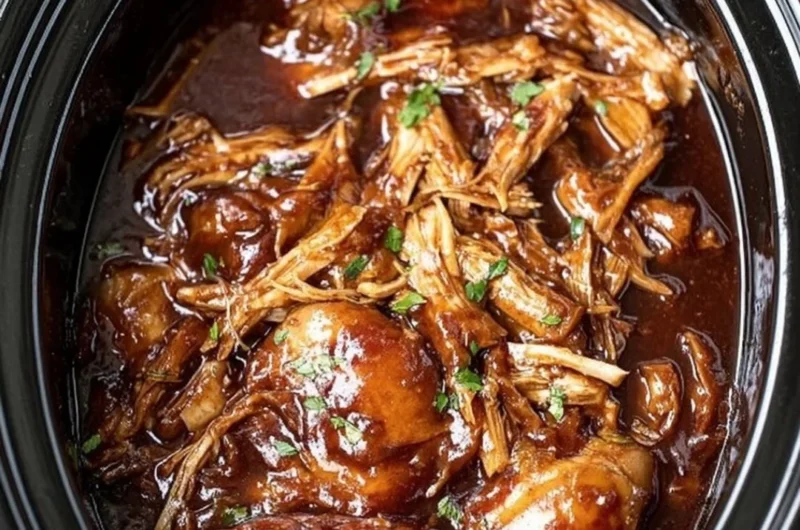 Delicious crock pot bourbon chicken served with vegetables