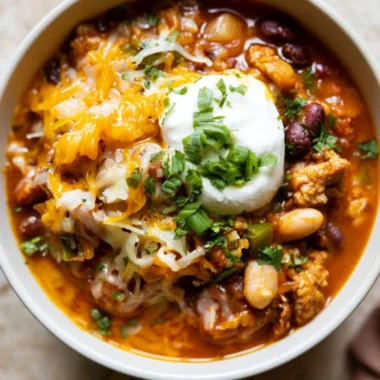 Bowl of hearty Turkey Pumpkin Chili topped with fresh herbs.