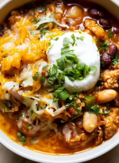 Bowl of hearty Turkey Pumpkin Chili topped with fresh herbs.