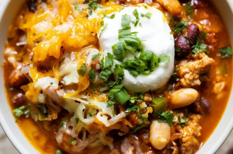 Bowl of hearty Turkey Pumpkin Chili topped with fresh herbs.