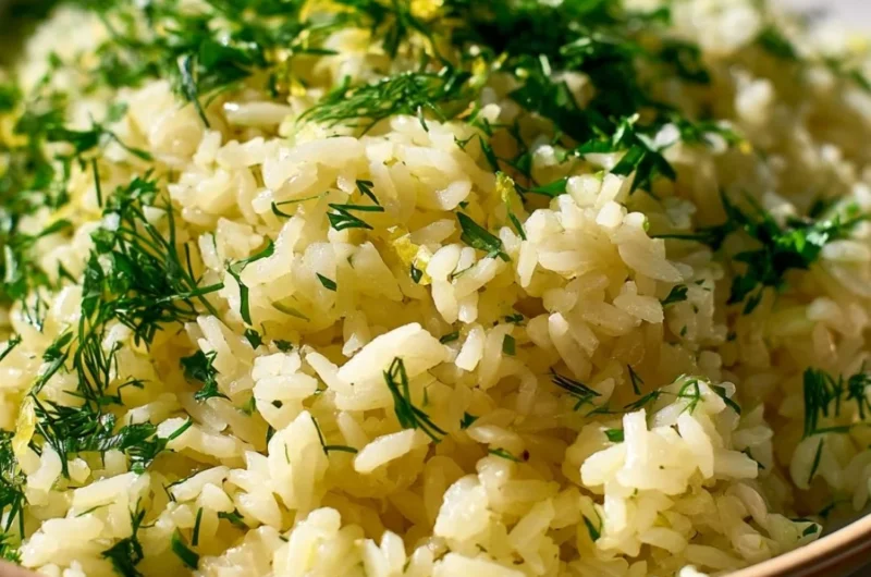 Bowl of authentic Greek lemon rice garnished with parsley and lemon slices
