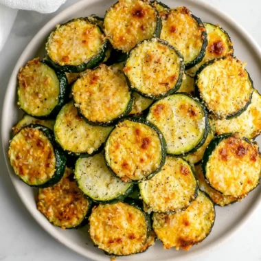 Baked Parmesan Zucchini recipe with crispy topping and fresh zucchini slices