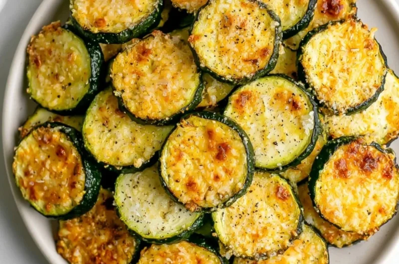 Baked Parmesan Zucchini recipe with crispy topping and fresh zucchini slices