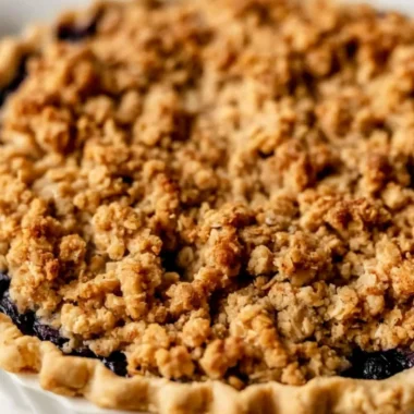 Blueberry Crumble Pie with a golden crumble topping and fresh blueberries