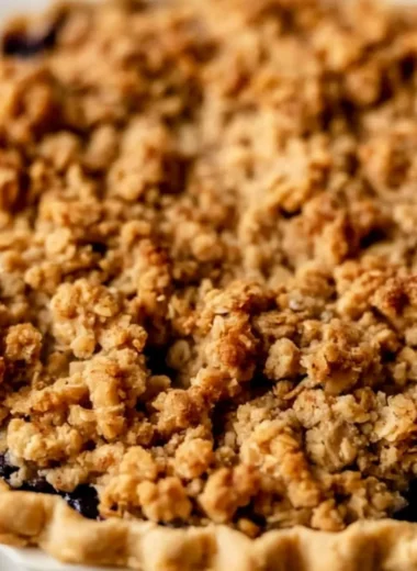 Blueberry Crumble Pie with a golden crumble topping and fresh blueberries