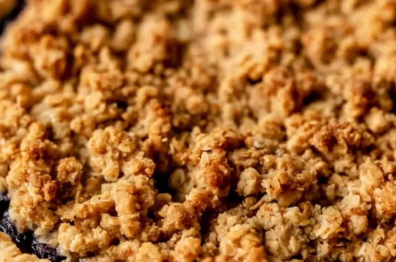 Blueberry Crumble Pie with a golden crumble topping and fresh blueberries