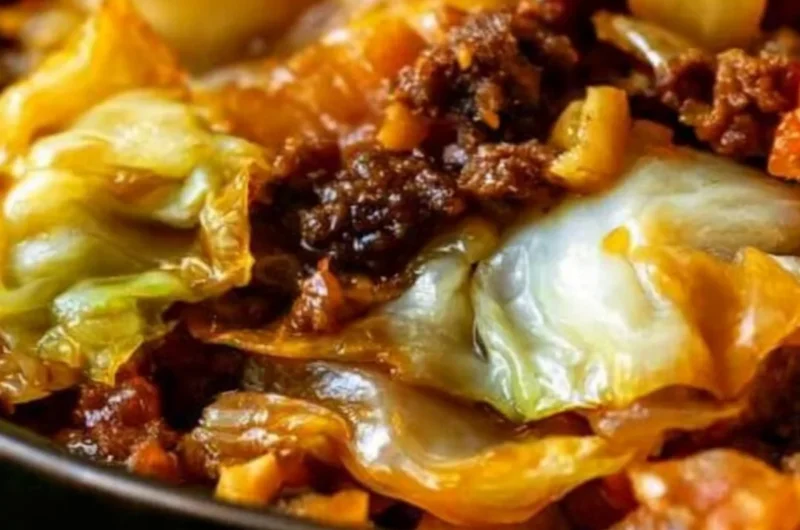 Cabbage and ground beef dish served in a bowl, garnished with herbs.