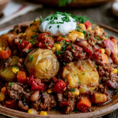 Delicious Cowboy Casserole topped with melted cheese and served in a rustic dish