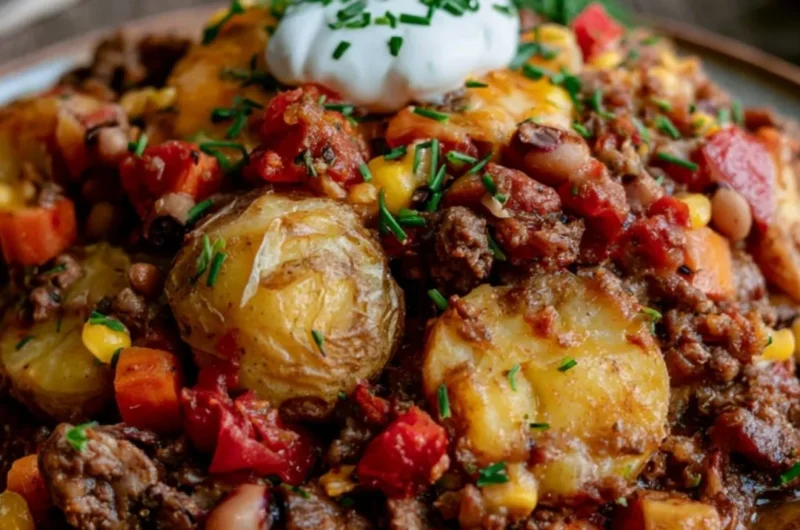 Delicious Cowboy Casserole topped with melted cheese and served in a rustic dish