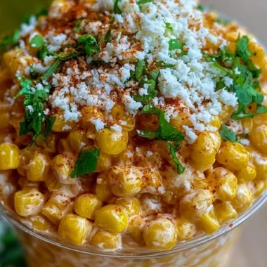 Creamy Mexican street corn esquites in a bowl, garnished with cheese and spices.