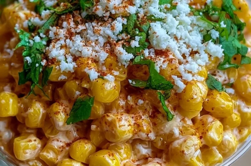 Creamy Mexican street corn esquites in a bowl, garnished with cheese and spices.
