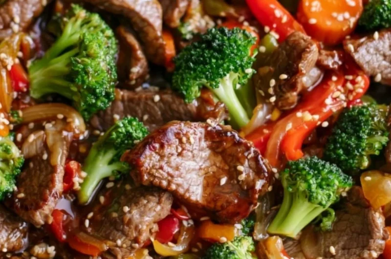 Colorful and delicious easy beef stir fry with fresh vegetables in a bowl